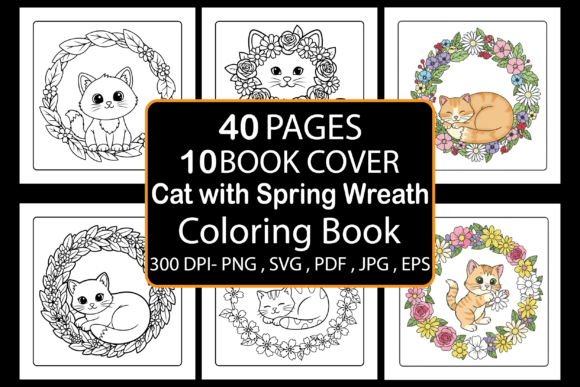 Cat with Spring Wreath Coloring Book Graphics for Kdp Interiors