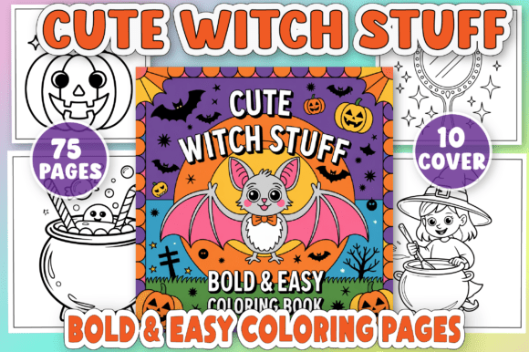 Cute Witch Stuff Bold Easy Coloring Book Graphics for Local Branding